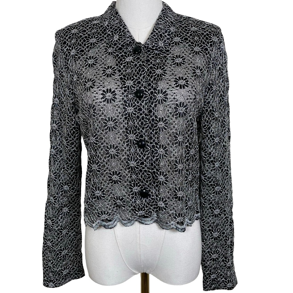Vintage Miss Dorby Floral Lace Button Front Top Women 8 Black Silver Coquette